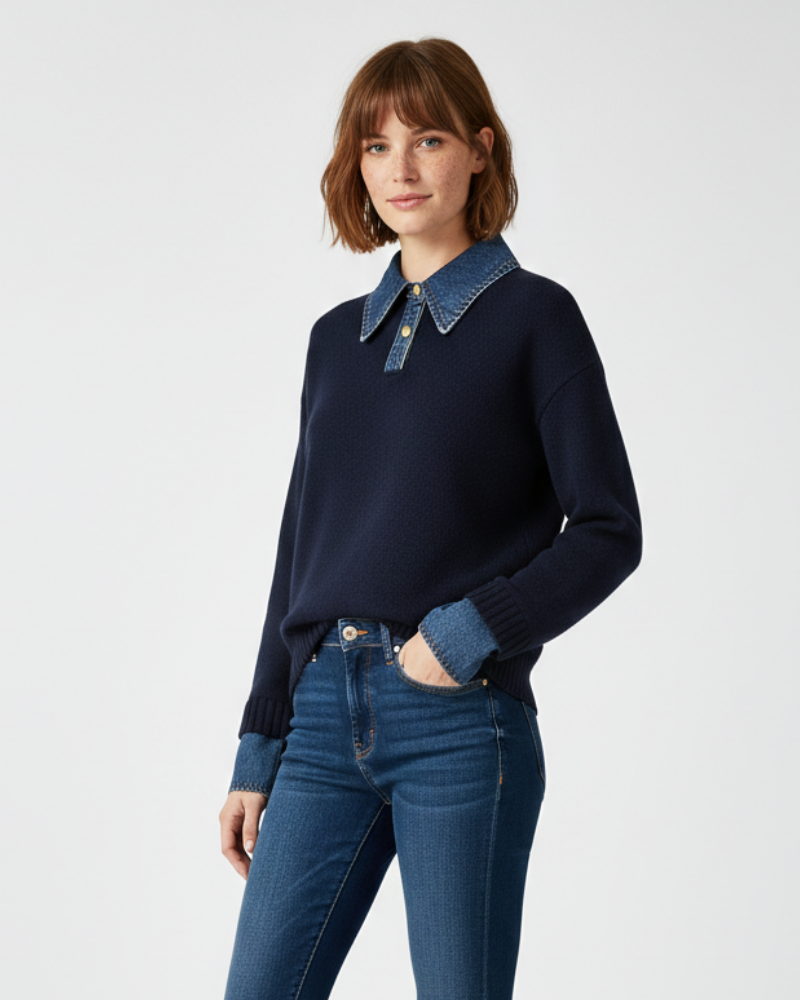 Giana Suéter Mujer Elegante – Tejido Suave con Cuello y Puños Efecto Denim