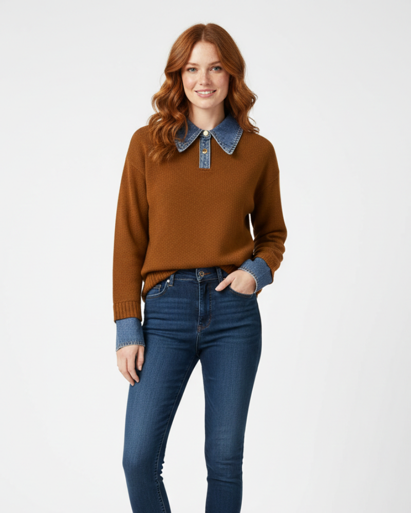 Giana Suéter Mujer Elegante – Tejido Suave con Cuello y Puños Efecto Denim