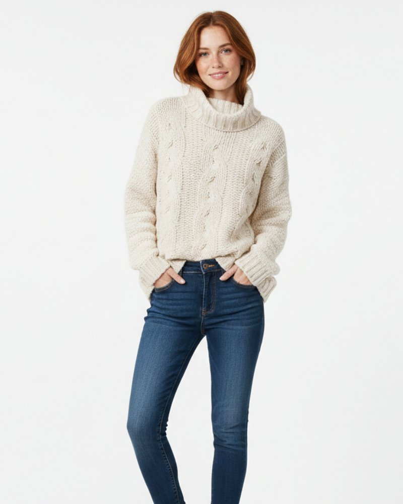 Gracey Sweter z Golfem Damski – Elegancki Luźny Sweter z Warkoczowym Splotem na Zimę
