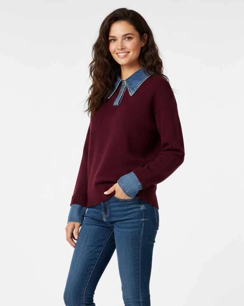 Giana Suéter Mujer Elegante – Tejido Suave con Cuello y Puños Efecto Denim