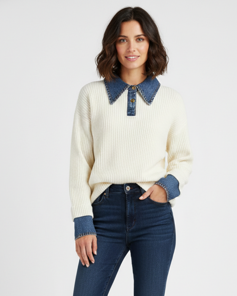 Giana Suéter Mujer Elegante – Tejido Suave con Cuello y Puños Efecto Denim