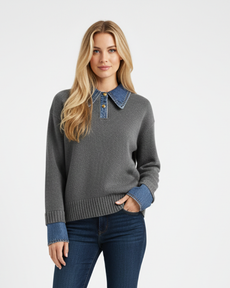 Giana Suéter Mujer Elegante – Tejido Suave con Cuello y Puños Efecto Denim