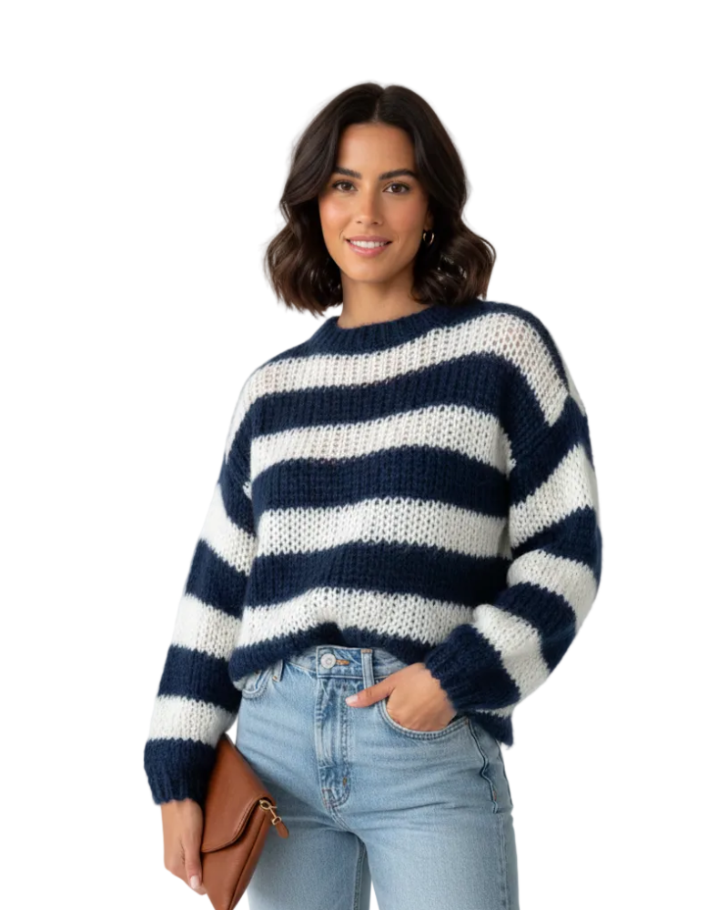 Tes Pull Ριγέ Oversize Γυναικεία – Μαλακό Πλεκτό με Χαλαρή Γραμμή, Στρογγυλή Λαιμόκοψη & Άνετο Στυλ