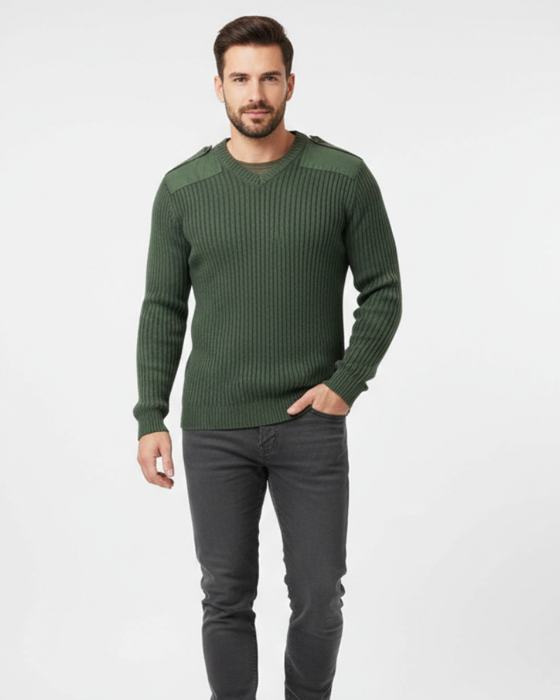 Jersey militar para hombre Cormac con cuello en V – Punto acanalado, hombros reforzados y estilo al aire libre