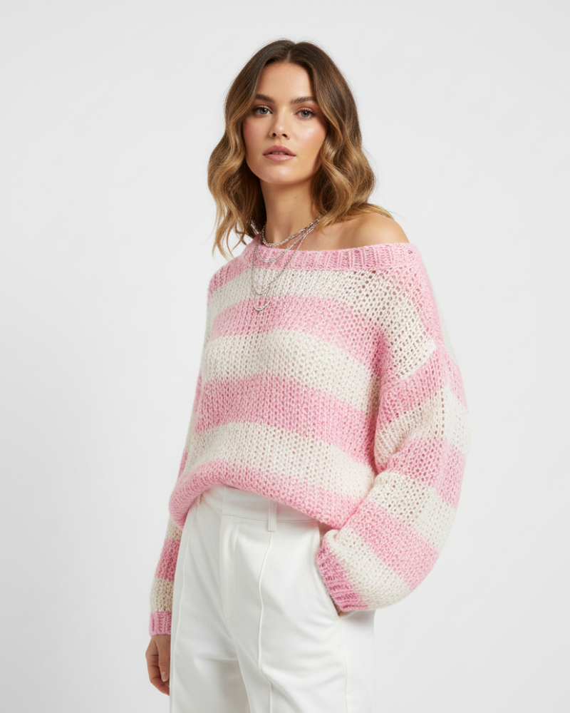 Tes Pull Gestreift Oversize Damen – Weiches Strick mit Lockerem Schnitt, Rundhalsausschnitt & Bequemer Stil