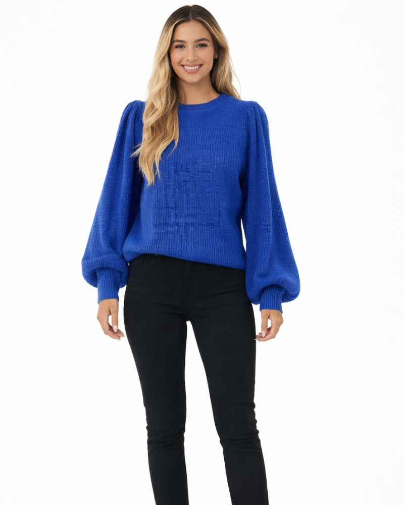 Amely dame ribstrikket sweater – elegant sweater med pufærmer og rund hals