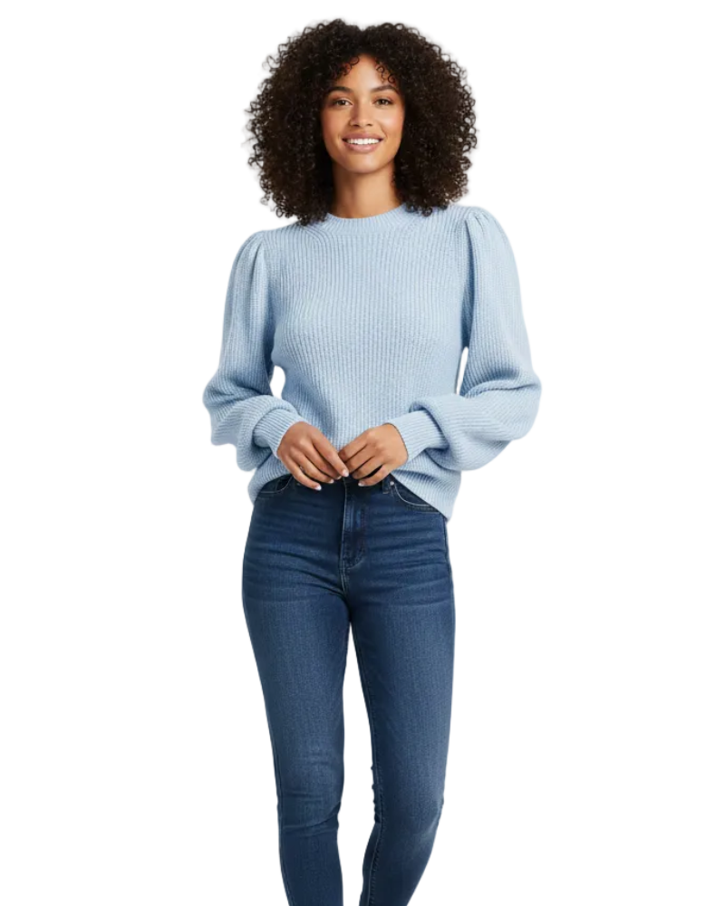 Amely dame ribstrikket sweater – elegant sweater med pufærmer og rund hals