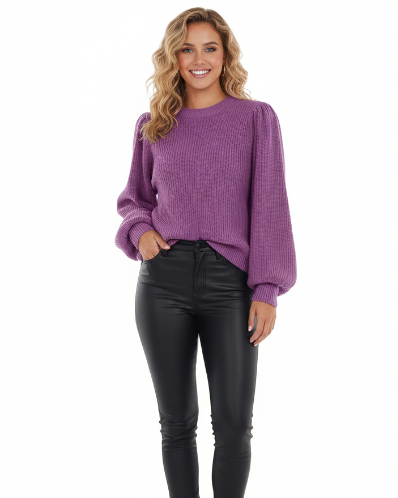 Amely dame ribstrikket sweater – elegant sweater med pufærmer og rund hals
