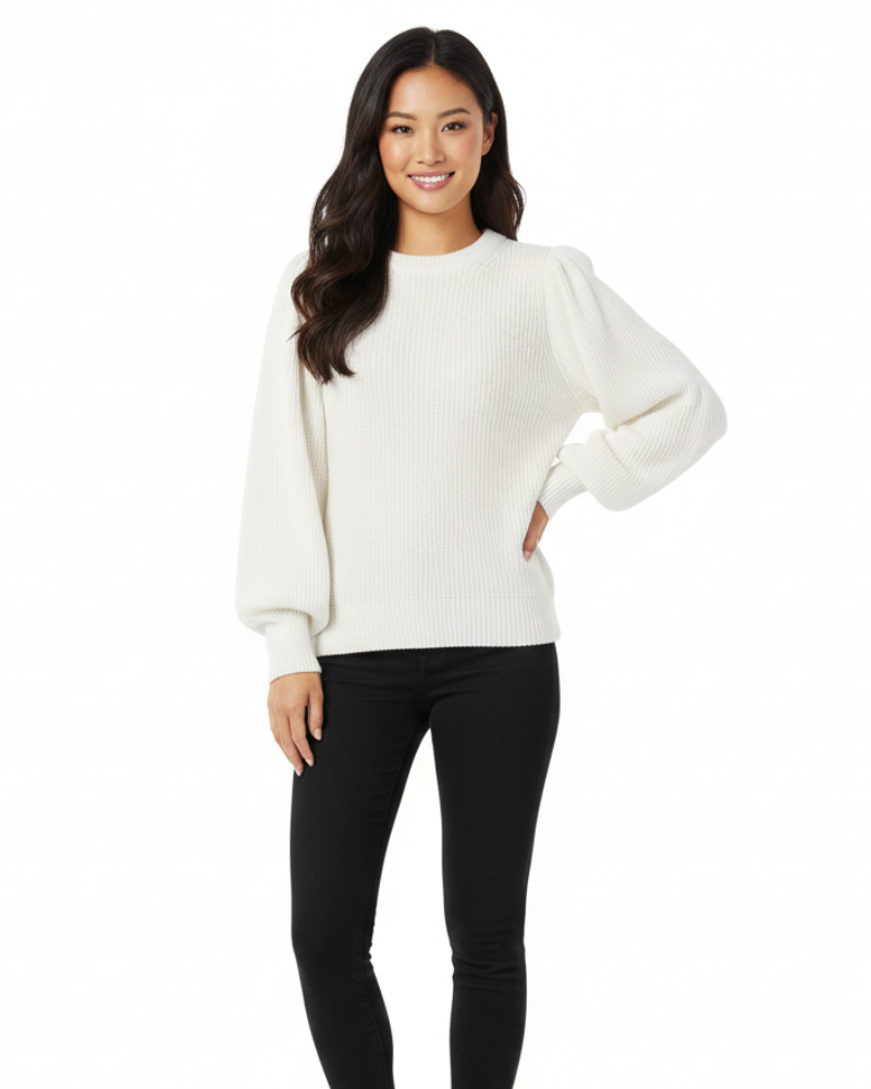 Amely dame ribstrikket sweater – elegant sweater med pufærmer og rund hals