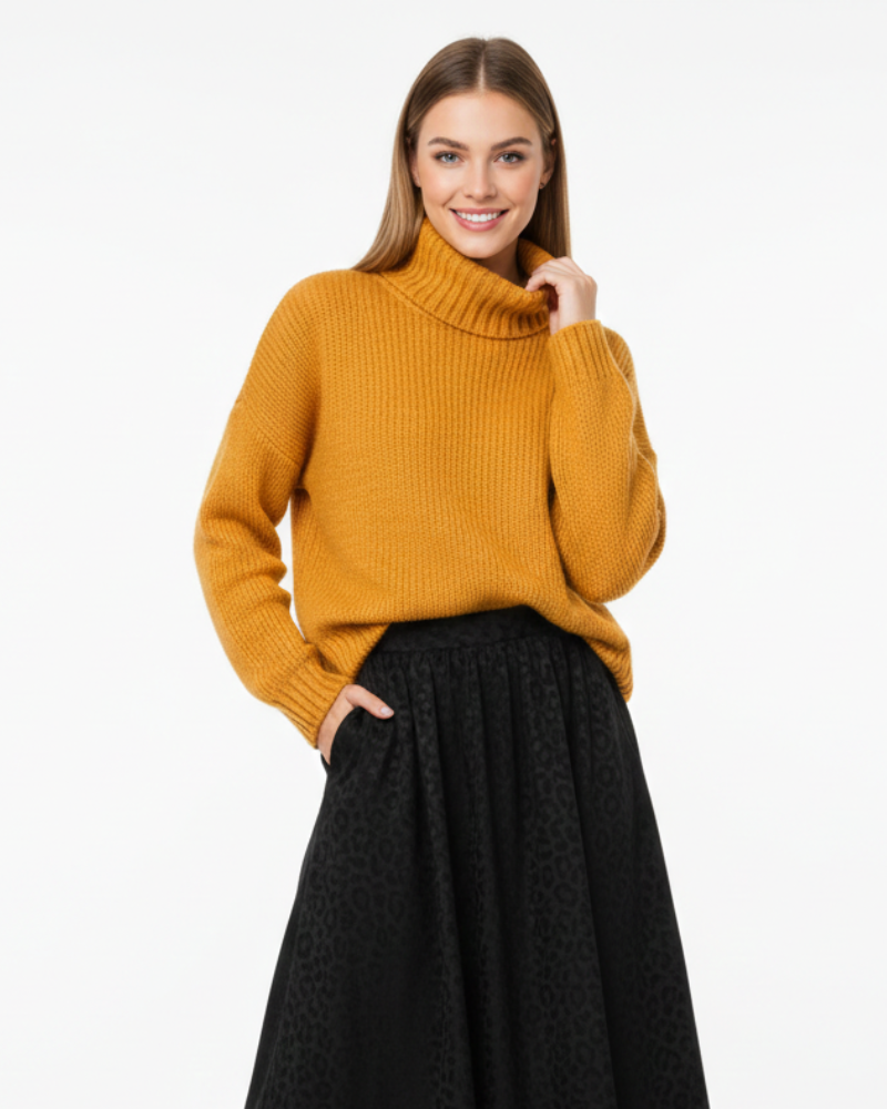 Maglione Celeste Donna – Collo Ribaltato, Maglia Spessa e Taglio Ampio Elegante