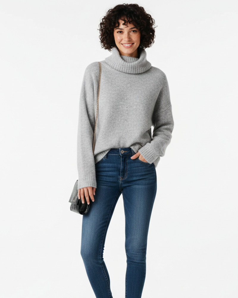 Maglione Celeste Donna – Collo Ribaltato, Maglia Spessa e Taglio Ampio Elegante