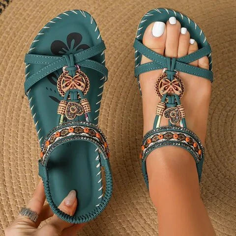 Lainey Sandalen Damen – Elegante Boho-Sandalen mit flacher Sohle und natürlichem Ethno-Look