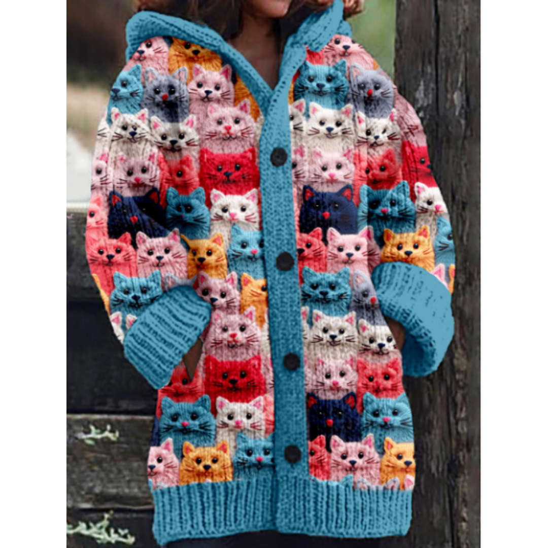 Cardigan Lenora Multicolored with Cat Patterns – Cozy & Original, Acrylic and Polyester Blend