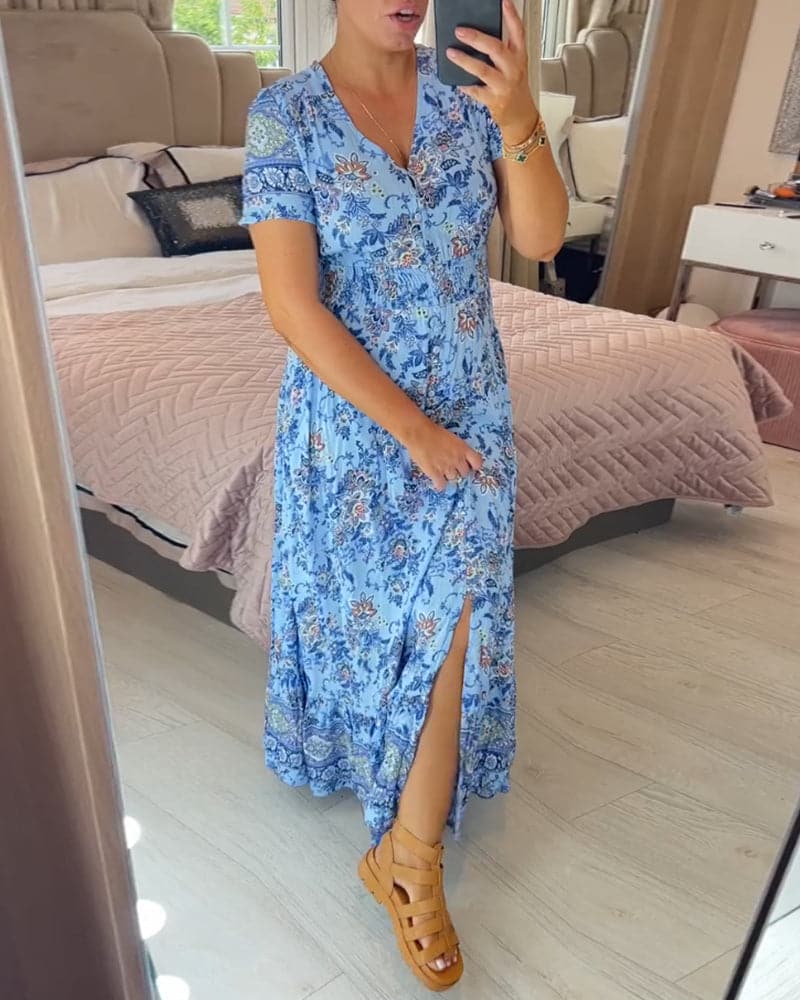 Vernelie Abito Maxi Donna – Abito Floreale Bottonato, Taglio Fluido e Stile Romantico