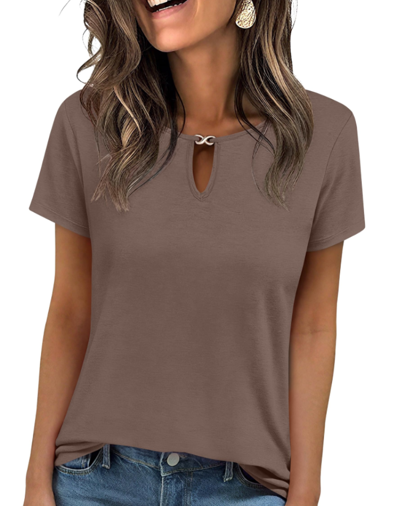 Veya Top Femme – Elegant Keyhole Neck T-shirt, Fitted Casual Chic Summer Cut