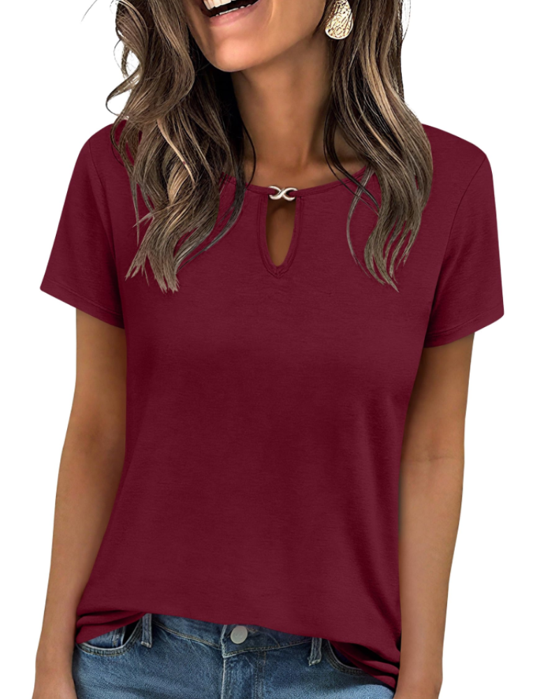 Veya Top Femme – Elegant Keyhole Neck T-shirt, Fitted Casual Chic Summer Cut