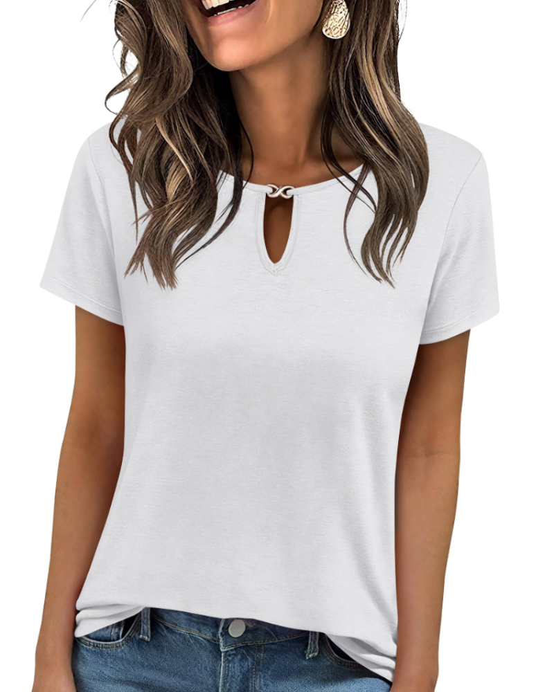 Veya Top Femme – Elegant Keyhole Neck T-shirt, Fitted Casual Chic Summer Cut