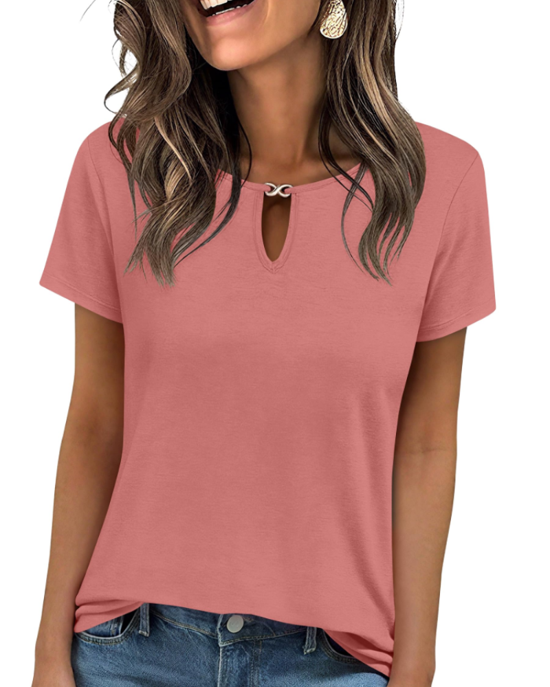 Veya Top Femme – Elegant Keyhole Neck T-shirt, Fitted Casual Chic Summer Cut