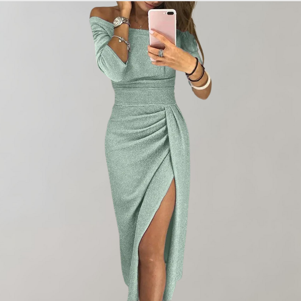 Vestido Cintilante Vilja para Mulher – Vestido Comprido com Mangas Curtas e Detalhes Brilhantes para Ocasiões Festivas