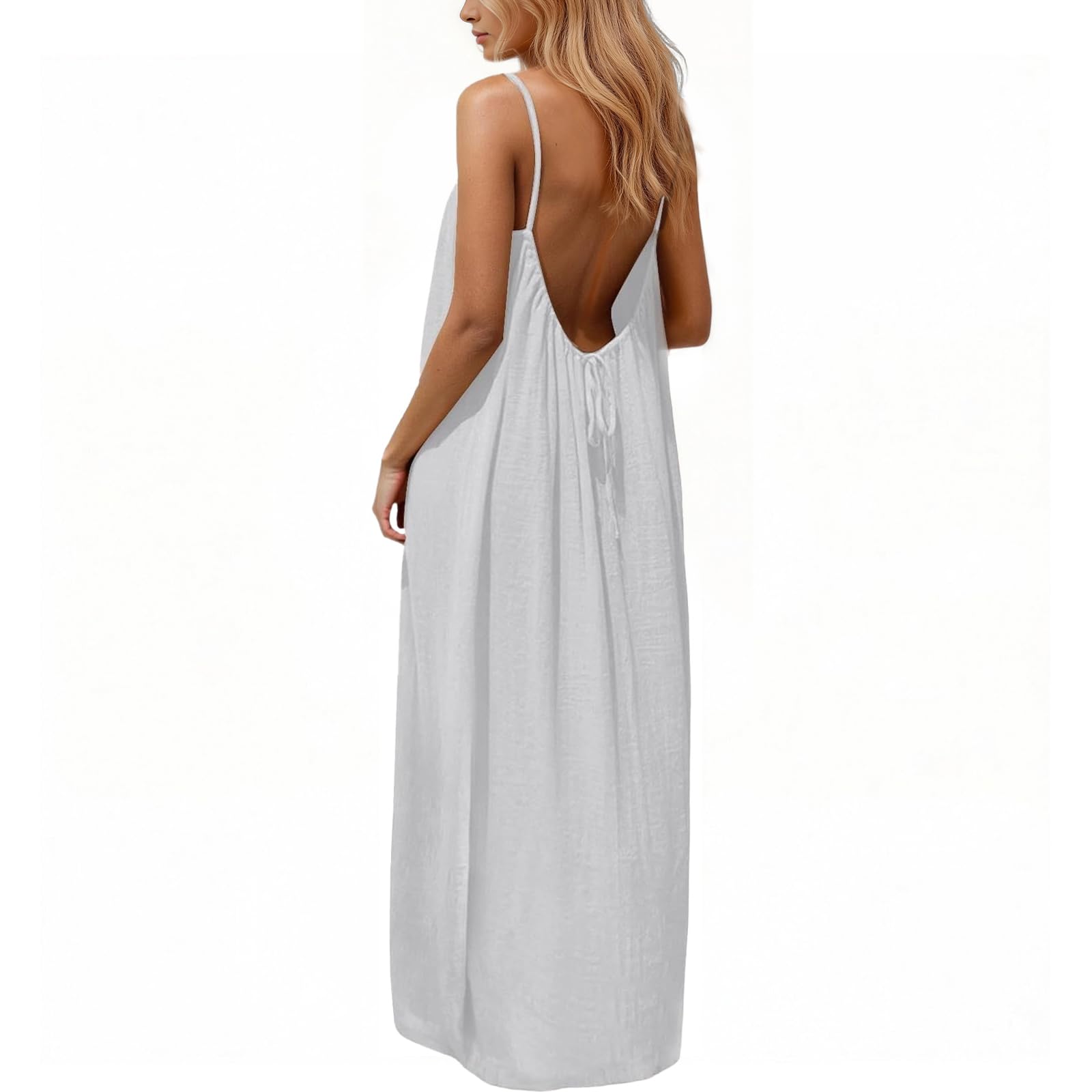 Rowena Maxi-jurk Dames – Open Rug, Verstelbare Bandjes & Effen Zomerjurk met Vloeiende A-lijn