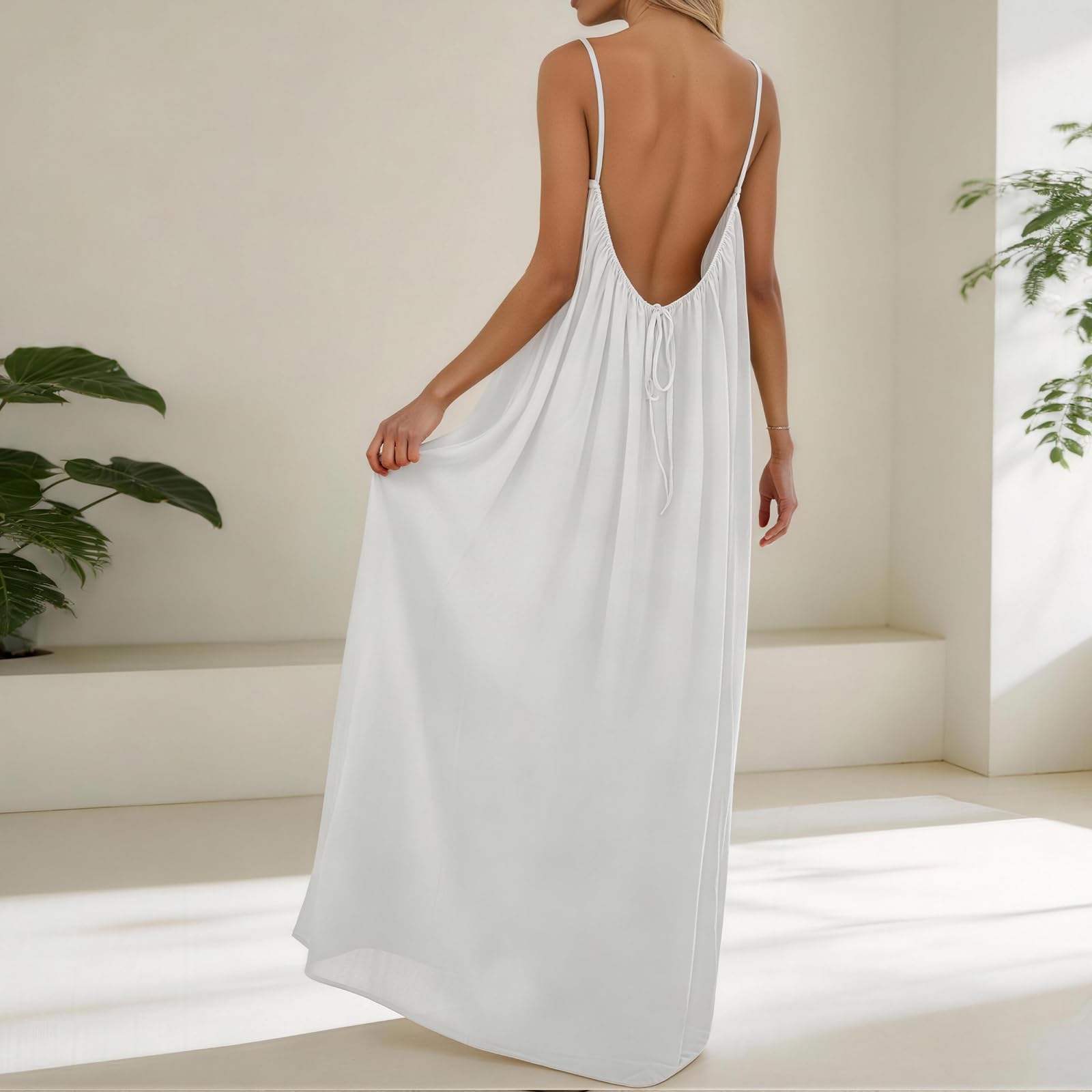 Rowena Maxi-jurk Dames – Open Rug, Verstelbare Bandjes & Effen Zomerjurk met Vloeiende A-lijn