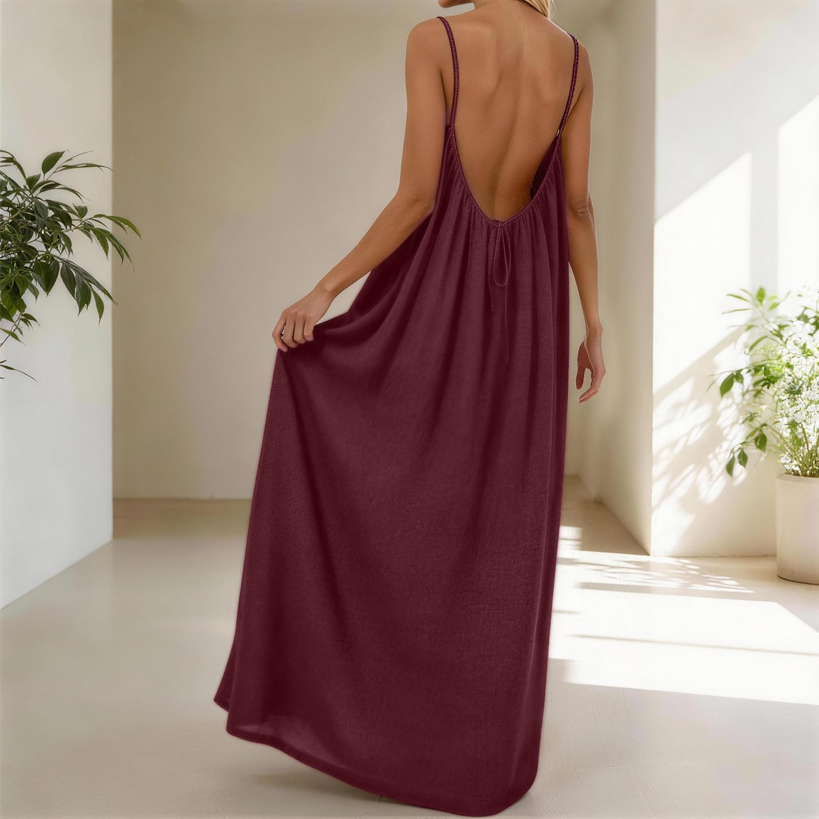 Rowena Maxi-jurk Dames – Open Rug, Verstelbare Bandjes & Effen Zomerjurk met Vloeiende A-lijn