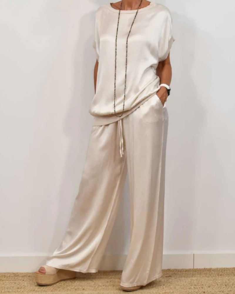 Portia Ensemble Satin Femme – Zestaw 2 części: szerokie spodnie i elegancki zwiewny top