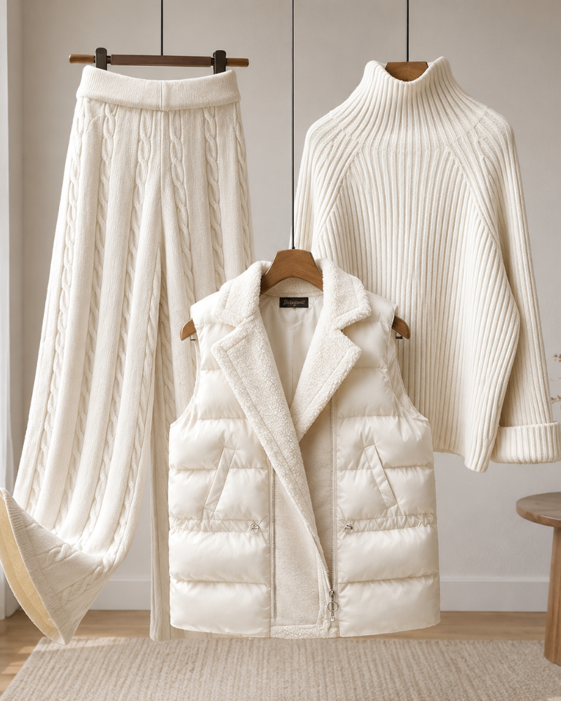 Isabeau Women’s 3-Piece Ensemble – Mock-Neck Sweater, Knit Pants & Quilted Vest