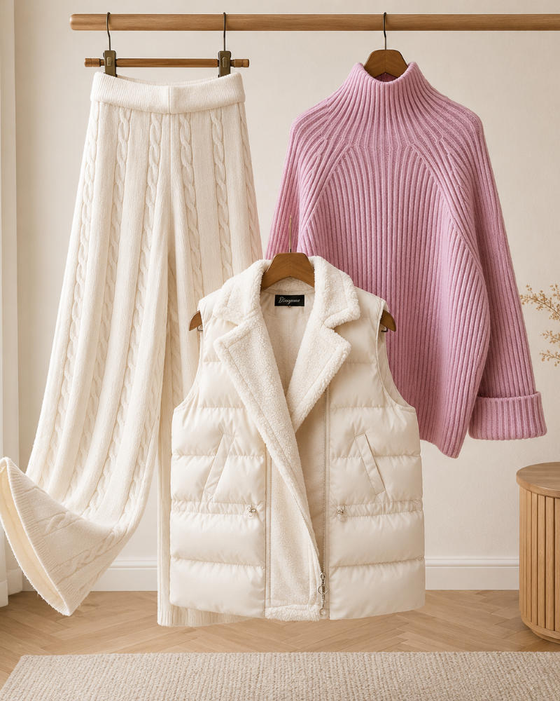Isabeau Women’s 3-Piece Ensemble – Mock-Neck Sweater, Knit Pants & Quilted Vest