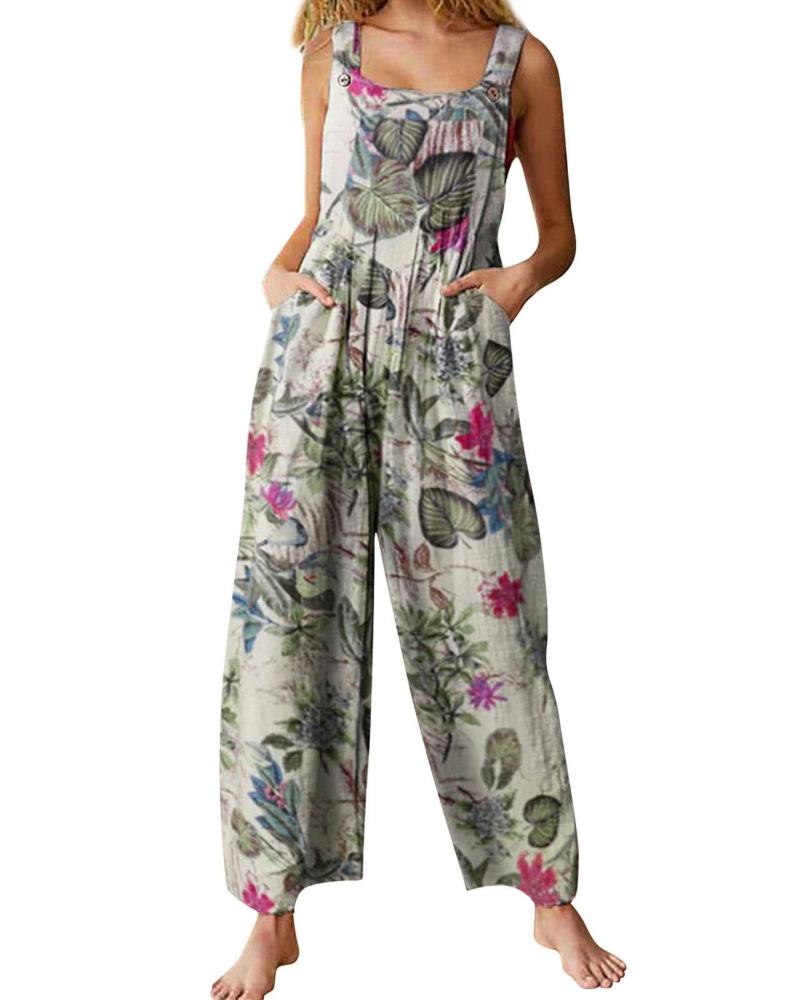 Isabeau Mono para mujer – Algodón y lino, cuello cuadrado, estampado étnico y bolsillos