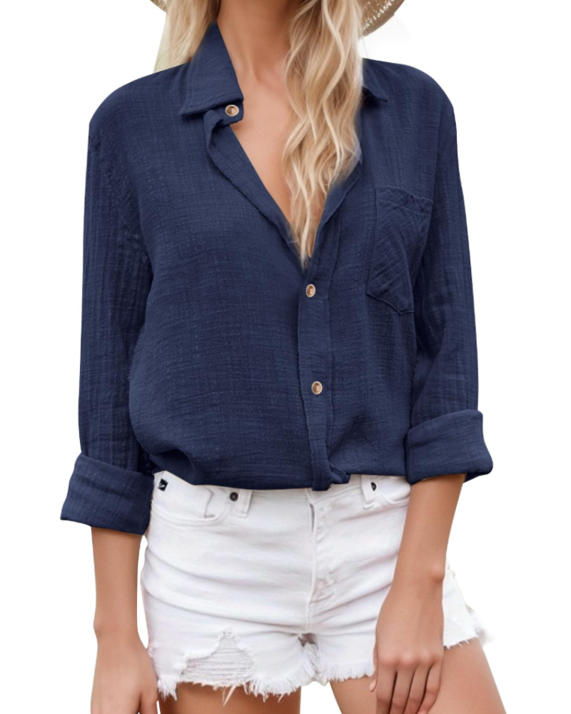 Camisa de mujer Lucienne – 100 % algodón, cuello de pico abotonado, mangas largas y corte holgado