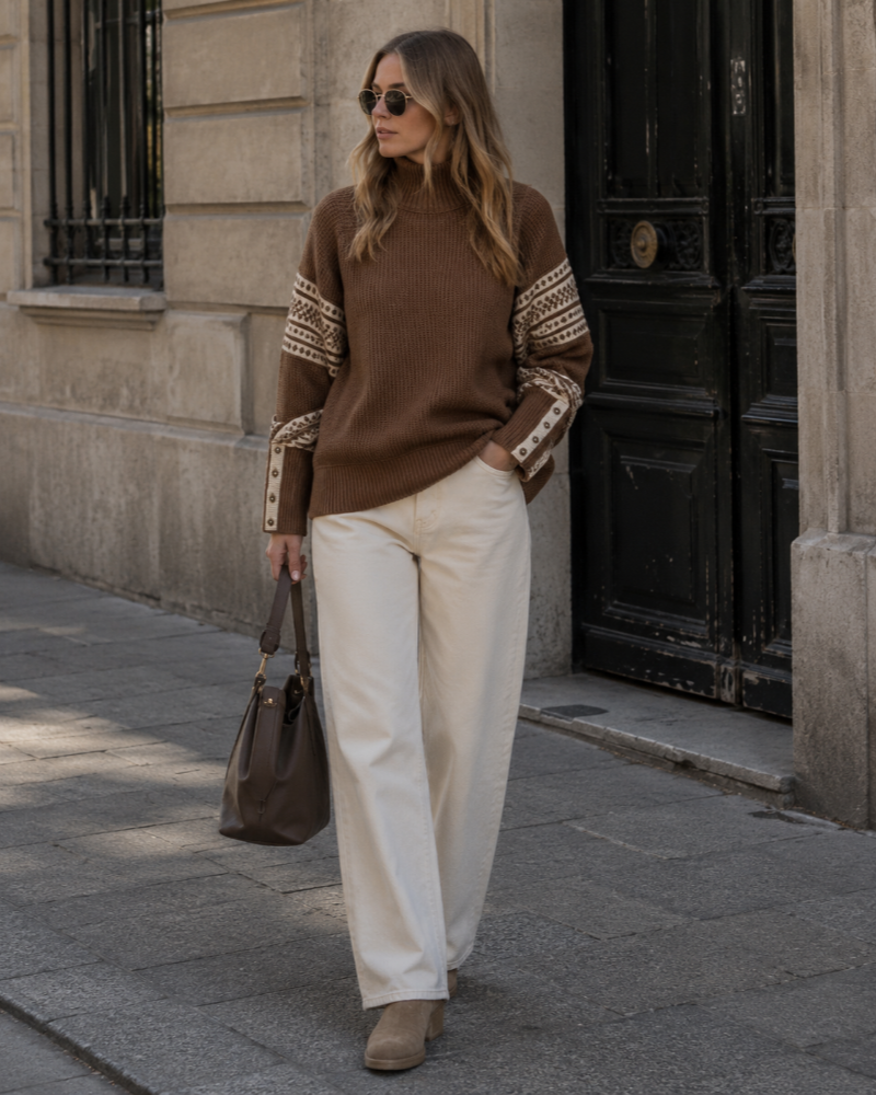 Delaney oversized pullover til kvinder – høj hals, struktureret strik og mønstrede ærmer