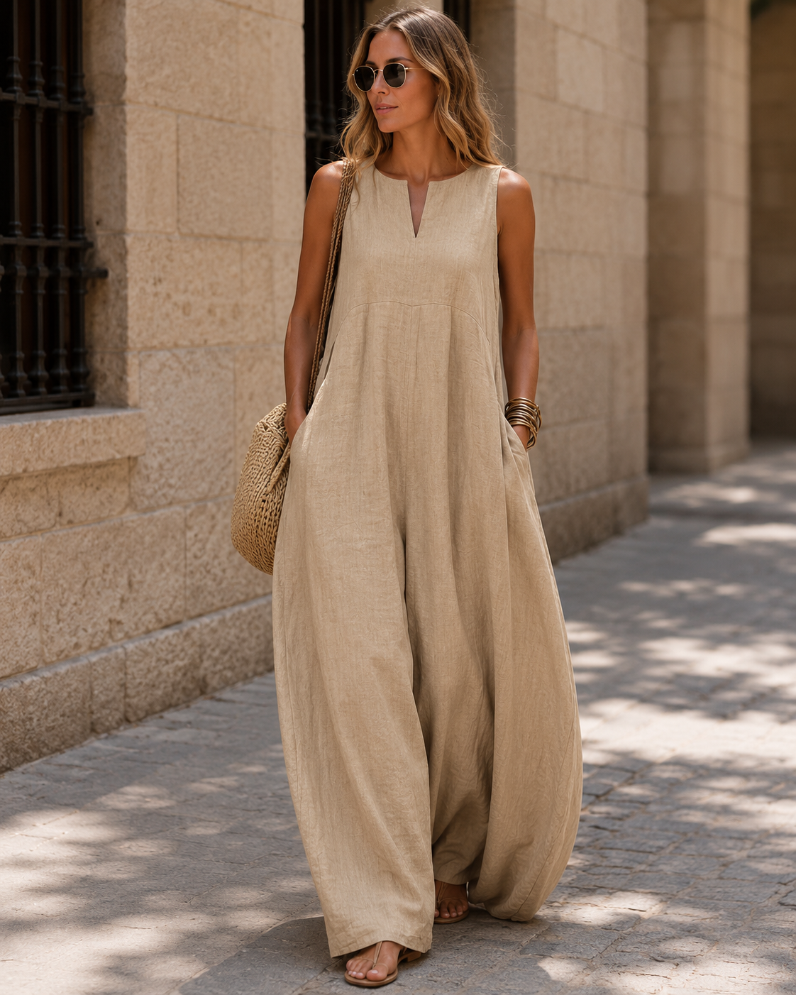 Blake Combinaison Femme – Sans Manches, Jambes Larges, Encolure Fendue & Poches