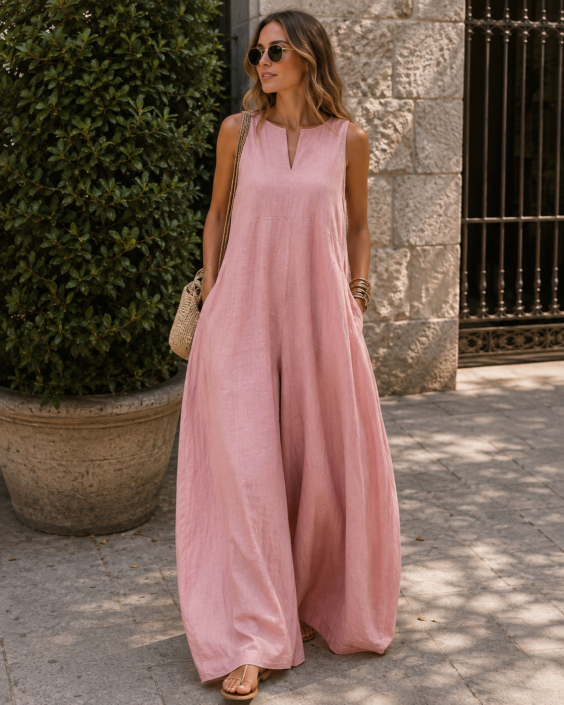 Blake Combinaison Femme – Sans Manches, Jambes Larges, Encolure Fendue & Poches
