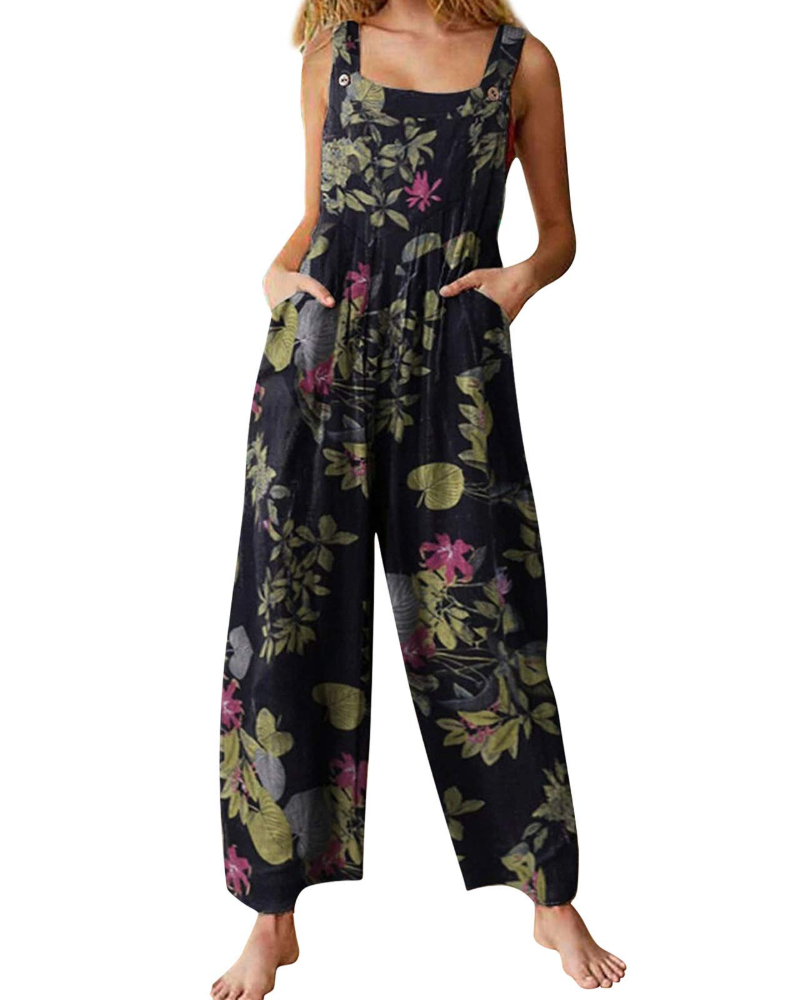 Isabeau Mono para mujer – Algodón y lino, cuello cuadrado, estampado étnico y bolsillos
