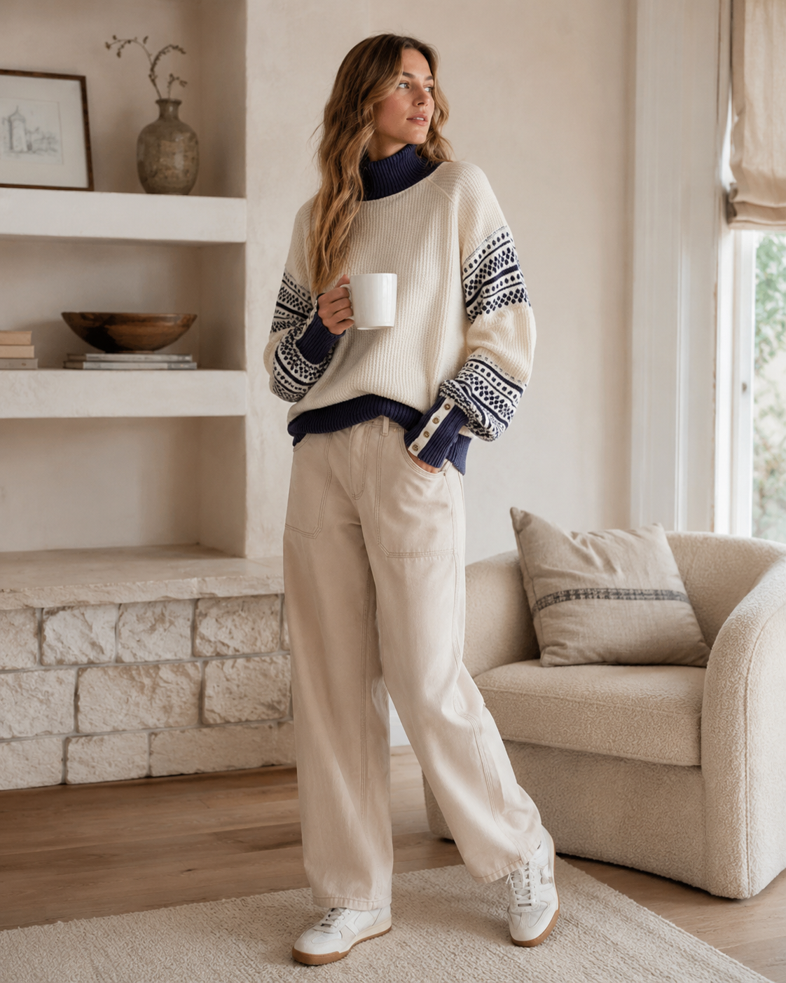 Delaney Oversize-Pullover für Damen – Stehkragen, strukturierter Strick & gemusterte Ärmel