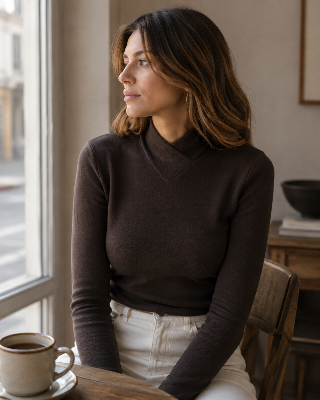 Maglione Oaklyn da donna – Collo alto incrociato, vestibilità aderente e maniche lunghe