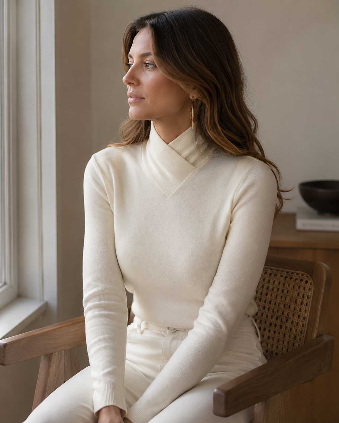 Maglione Oaklyn da donna – Collo alto incrociato, vestibilità aderente e maniche lunghe