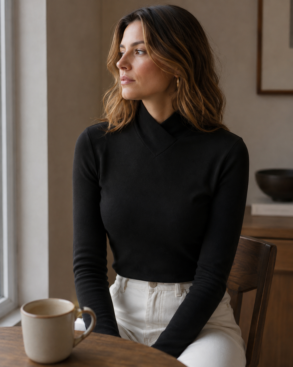 Maglione Oaklyn da donna – Collo alto incrociato, vestibilità aderente e maniche lunghe