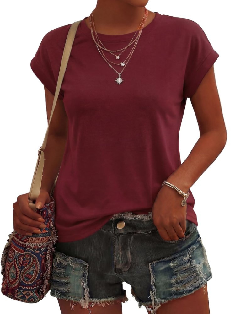 Camiseta de mujer Evangeline – Cuello redondo, mangas cortas, tejido ligero elástico y corte fluido