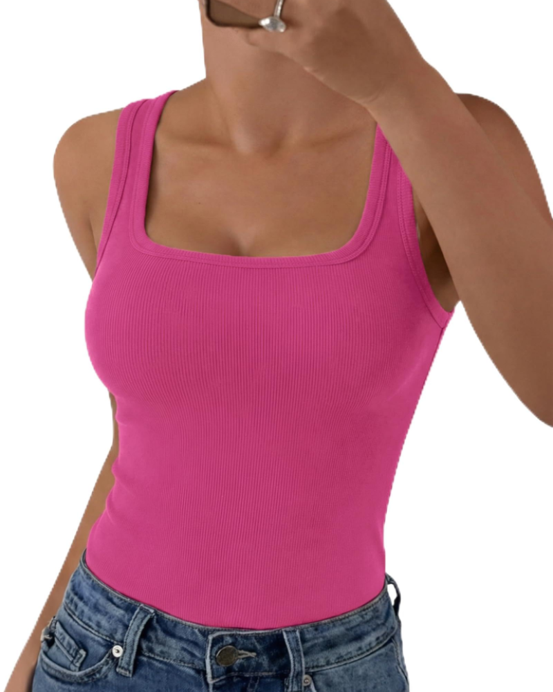 Seraphina Top de mujer de canalé – Cuello cuadrado, sin mangas, viscosa elástica y corte entallado