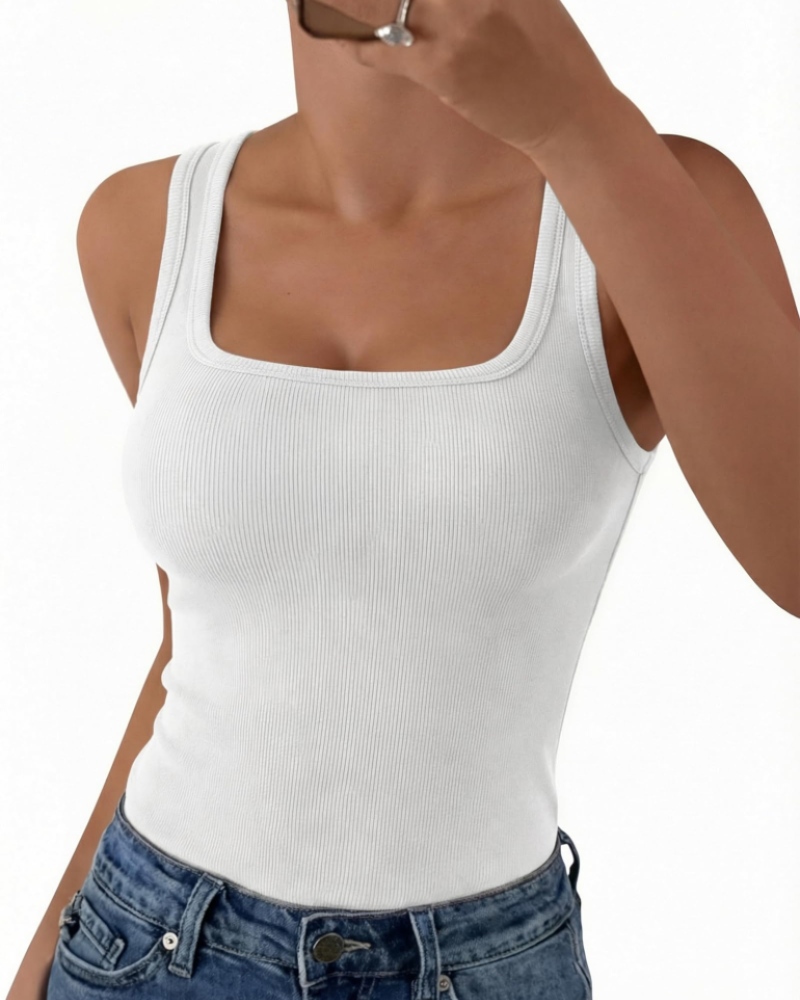 Seraphina Top de mujer de canalé – Cuello cuadrado, sin mangas, viscosa elástica y corte entallado