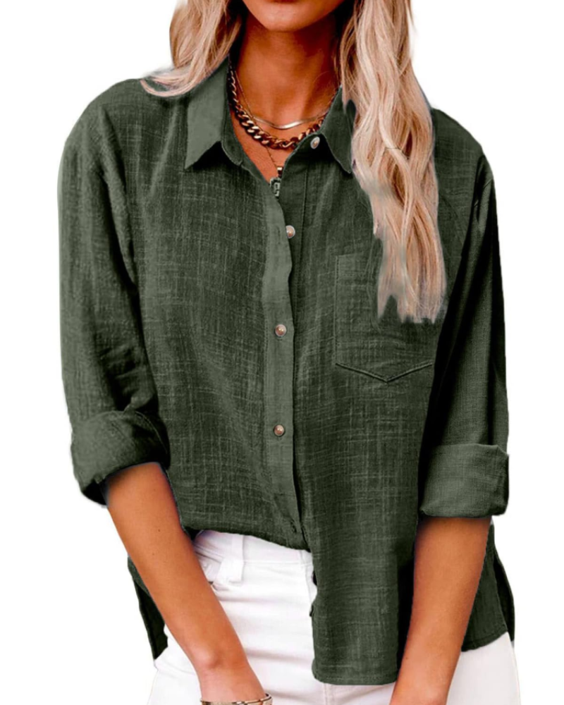 Camisa de mujer Lucienne – 100 % algodón, cuello de pico abotonado, mangas largas y corte holgado