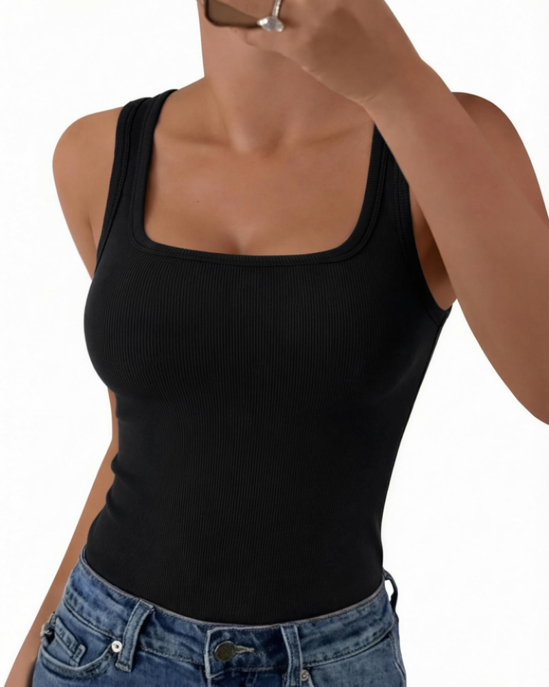 Seraphina Top de mujer de canalé – Cuello cuadrado, sin mangas, viscosa elástica y corte entallado