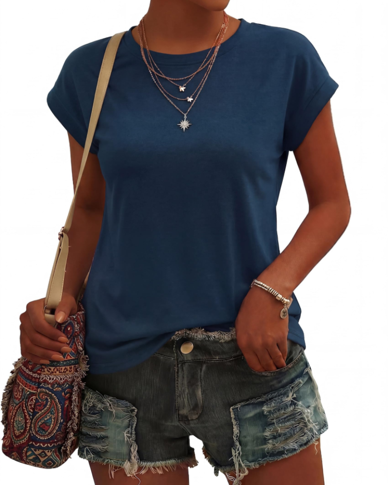 Camiseta de mujer Evangeline – Cuello redondo, mangas cortas, tejido ligero elástico y corte fluido