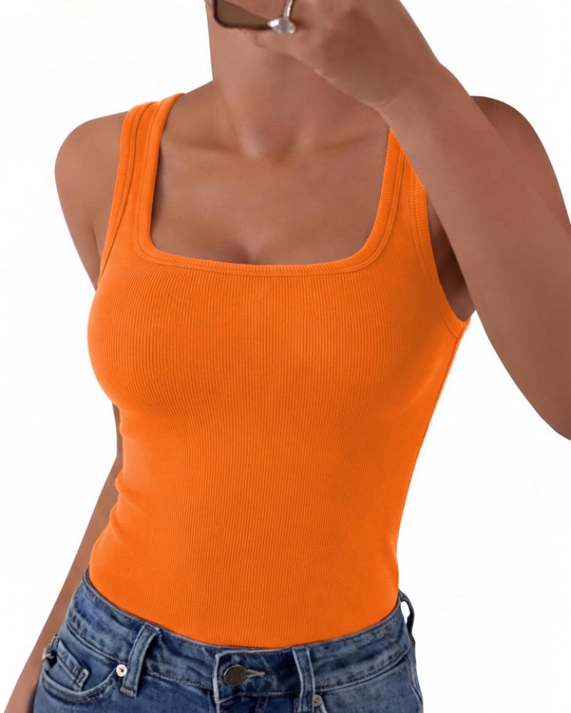 Seraphina Top de mujer de canalé – Cuello cuadrado, sin mangas, viscosa elástica y corte entallado
