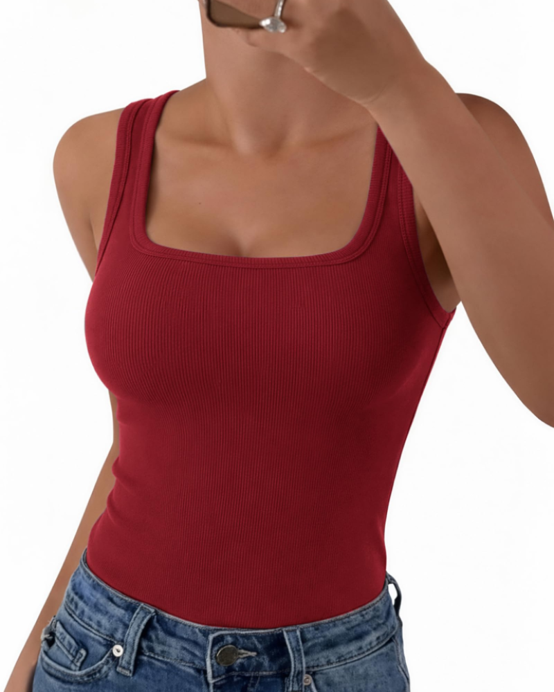 Seraphina Top de mujer de canalé – Cuello cuadrado, sin mangas, viscosa elástica y corte entallado