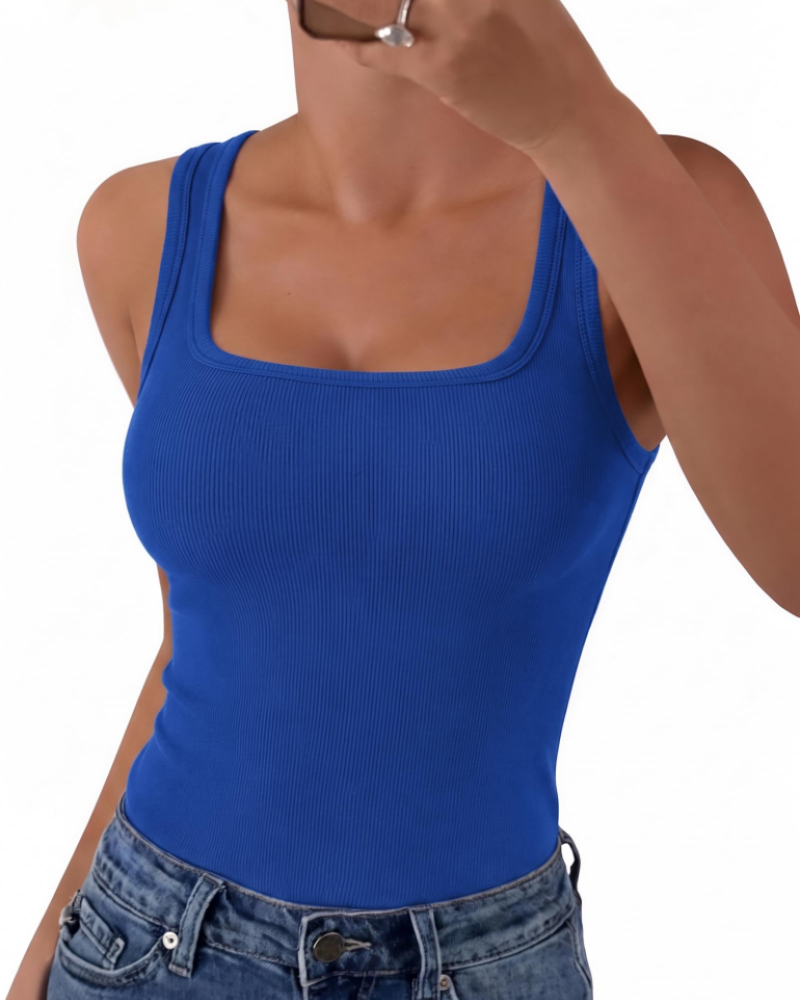 Seraphina Top de mujer de canalé – Cuello cuadrado, sin mangas, viscosa elástica y corte entallado