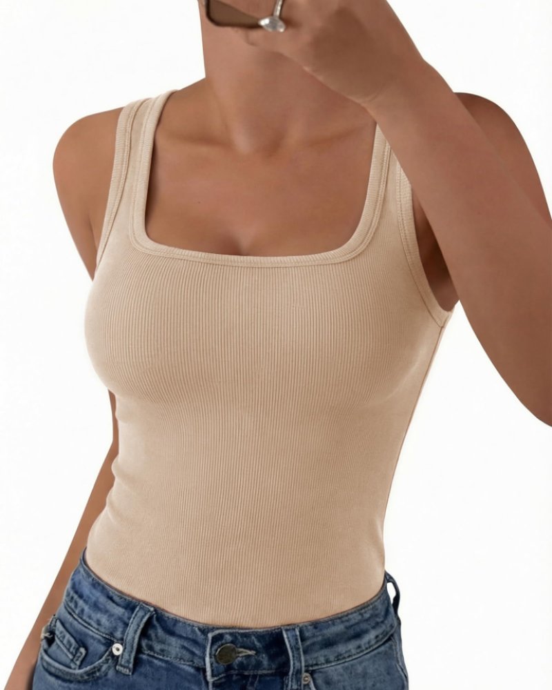Seraphina Top de mujer de canalé – Cuello cuadrado, sin mangas, viscosa elástica y corte entallado