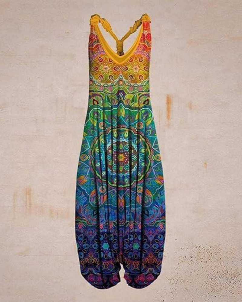 Maristella Mono Largo para Mujer – Estampado Bohemio, Sin Mangas, Corte Holgado y Bolsillos
